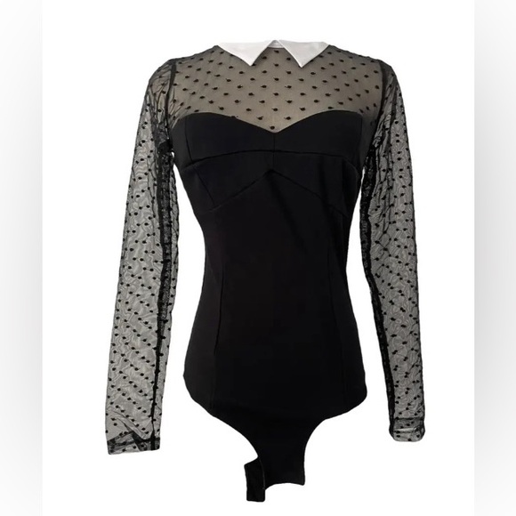 Fleur du Mal Tops - Fleur Du Mal Collared Bodysuit with Dotted Tulle